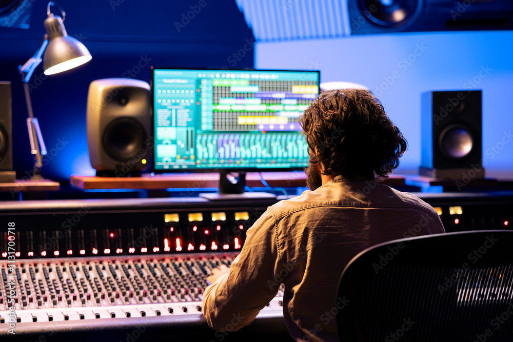 Poster audio technician processing and editing sounds in control room, operating on digital software app. y