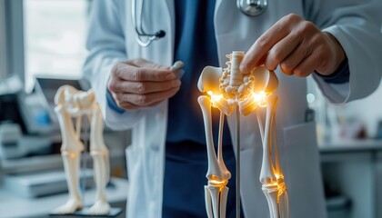 An orthopedic surgeon explaining joint replacement options, glowing models of knee and hip joints visible in the background