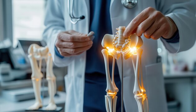An orthopedic surgeon explaining joint replacement options, glowing models of knee and hip joints visible in the background
