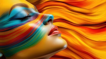 woman with colorful waves floating over her face, Colorful 3D collage illustration representing a person with a creative mind interfacing with AI machine abstract art tools, 