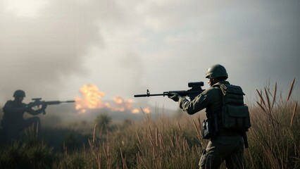 Fototapeta premium Warfare Scene: Soldiers in Action, Perfect for Military and Historical Content