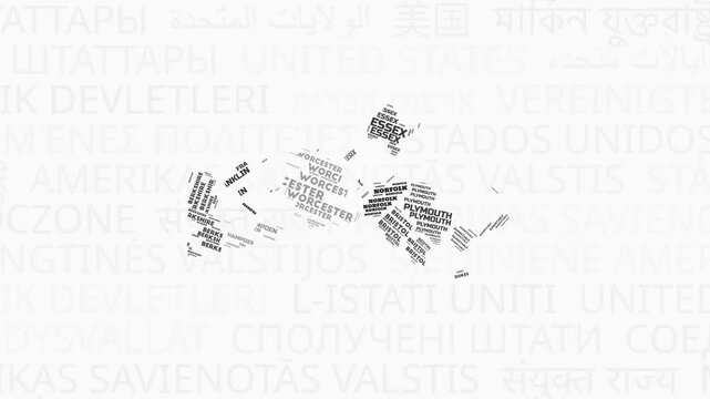 Massachusetts intro animation. State with counties illustration video. Background with state names in various languages. Counties of Massachusetts animation. Artistic video.