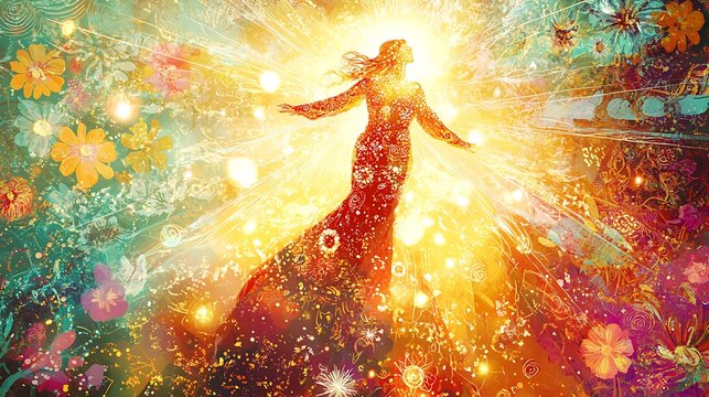 Radiant woman surrounded by vibrant flowers and glowing light, symbolizing rebirth, spirituality, and inner peace.