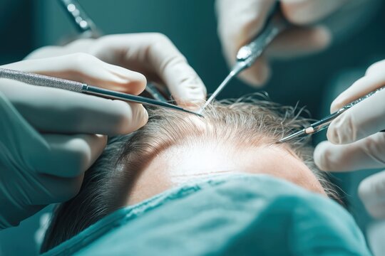Medical staff perform hair transplant surgery. Doctors use surgical instruments on patient head. Procedure takes place in hospital clinic. Patient wears protective surgical clothing. Focus on closeup
