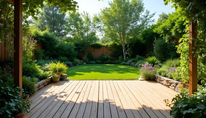 Sunlit wooden deck emerges from vibrant green park, inviting relaxation and nature exploration