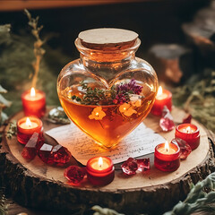 A heart shape jar with honey herbs petition paper inside it and candles red in top of it burning with crystals surrounding the jar