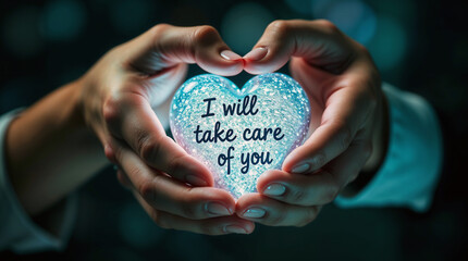 Hands holding a glowing heart with the words "I will take care of you," symbolizing love, care, and protection. A heartfelt and inspiring visual for themes of trust and emotional support.