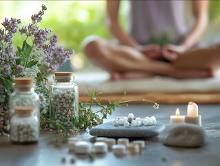 serene meditative setting with a person practicing yoga or meditation surrounded by homeopathic medicines or natural elements like stones and plants