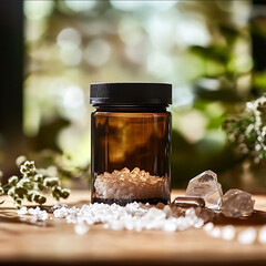 creative Prodoct photography of a long brown supplement glass with a black lid on on a wooden table with big crystals and white powder as decoration sunny and soft