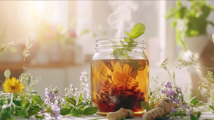 Create a vibrant and eyecatching thumbnail for a video titled Detoxing with Flor Essence Herbal Blend The thumbnail should feature a closeup of a glass jar filled w