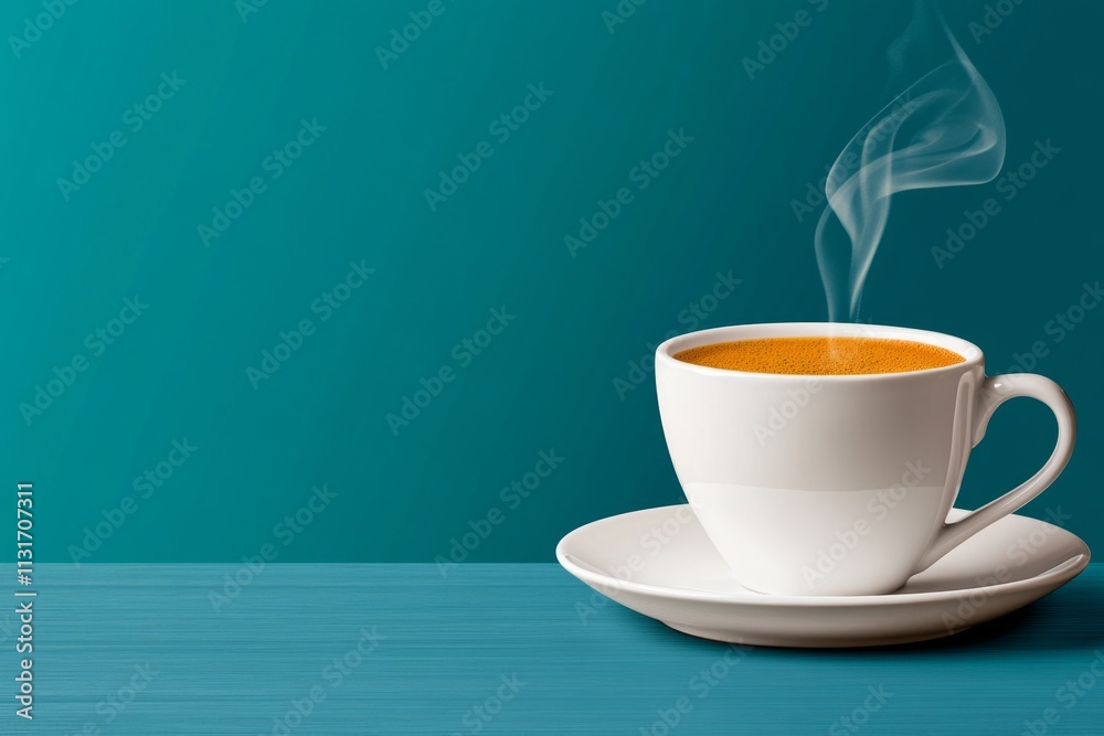 Poster a flat design of a steaming espresso shot, with bold minimalist colors and no background distraction