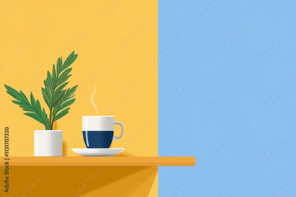 Poster a flat design of a steaming espresso shot, with bold minimalist colors and no background distraction