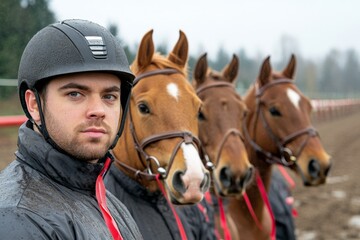 A formal award ceremony at an equestrian event, with riders and horses receiving ribbons and trophies