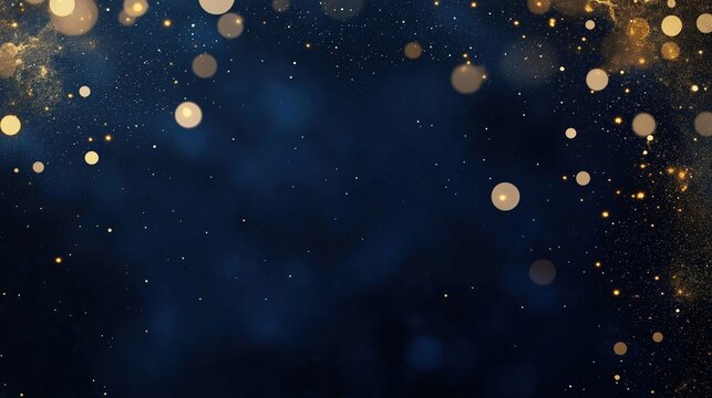 Abstract dark blue backdrop shows golden light bokeh, shining particles. Festive holiday concept with navy blue gold foil texture. Visual effect suggests magic, celebration. Perfect for Christmas New