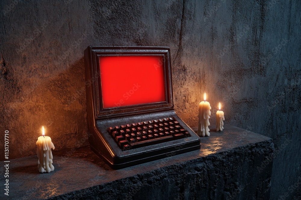 Aufkleber A gothic computer terminal displaying a glowing red error message, surrounded by candlelight and eerie shadows