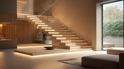 Obraz premium Contemporary beige living room featuring floating stairs with LED stripe lights, tempered glass balustrade, and wood paneling, complemented by large windows for natural light