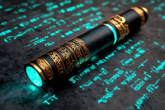 A gothic depiction of a dark, ancient eraser surrounded by eerie glowing mist, erasing cryptic runes on a black parchment