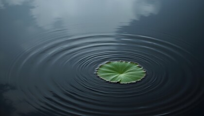 Raindrops create ripples on a dark surface with a single green leaf floating at the center during a calm rainy day