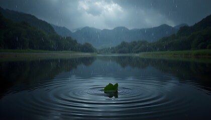 Raindrops create ripples on a dark surface with a single green leaf floating at the center during a calm rainy day