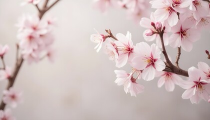 Cherry blossom branch with delicate pink flowers against a neutral background in a calm indoor setting