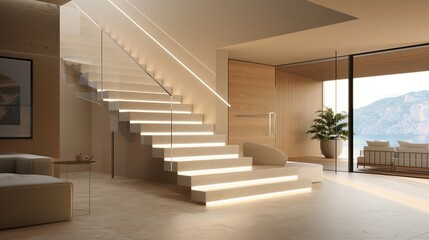 Fototapeta premium Contemporary floating stairs with integrated LED stripe lighting and a clear tempered glass balustrade, in a high-end beige living room with a large picture window and wood paneling