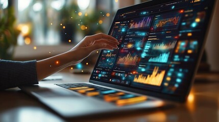 Person interacts with digital marketing dashboard on laptop. Colorful charts, graphs display data analysis. Trendy interface shows marketing insights for online advertising. Generative AI concept for