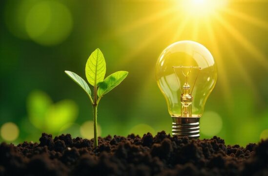 tree growing on light bulb with sunshine in nature and small plants growth stepe. saving energy and eco concept. Earth Day concept. Save the planet. Think about the
