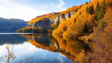 Fototapeta premium Autumn Reflections: A Serene Lake with Vibrant Fall Colors, Perfect for Nature Lovers and Home Decor