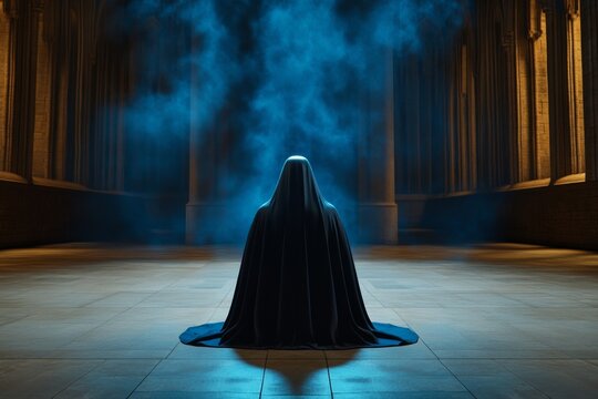 A moody scene of a shadowy figure presenting a cryptic estimate in a dimly lit medieval hall