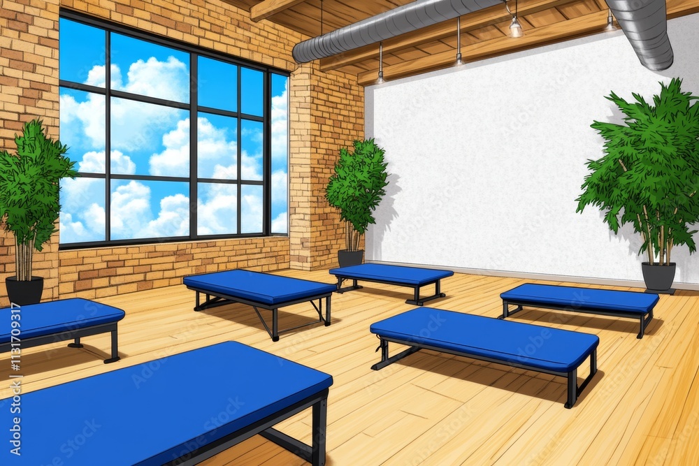 Poster a pixel art depiction of a pilates studio with tiny reformers, mats, and resistance bands, animated 
