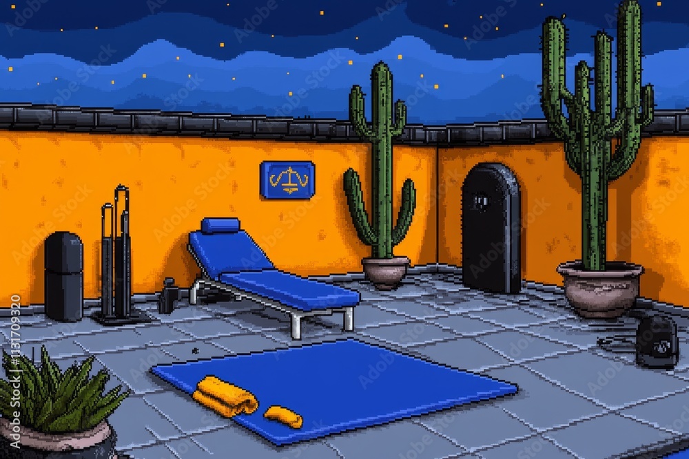 Poster a pixel art depiction of a pilates studio with tiny reformers, mats, and resistance bands, animated 
