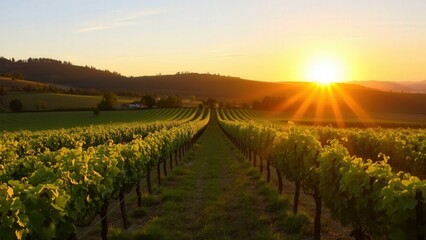 Naklejka premium Golden Sunset Over Vineyard: Perfect for Wine Enthusiasts and Nature Lovers