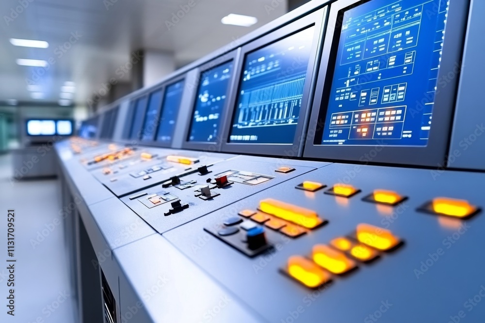 Aufkleber A power grid control room with warning lights and monitors showing voltage error readouts