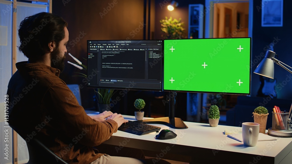 Poster programmer typing complex code on green screen computer in neon lit home office, developing software