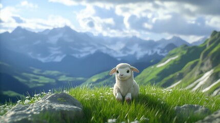 Fototapeta premium Adorable Lamb in a Mountain Meadow