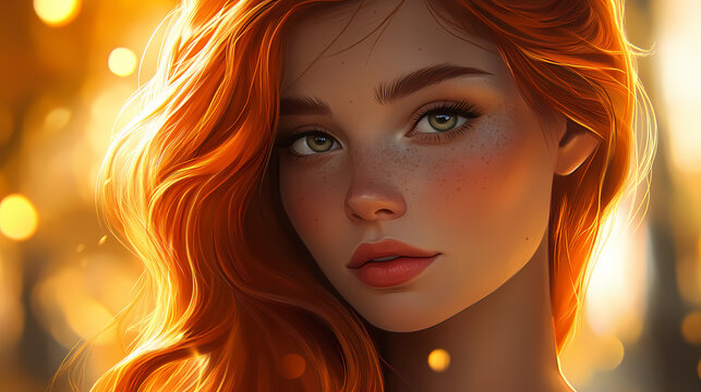 Ethereal redhead realtor goldenhour portrait soft bokeh background professional yet approachable expression warm tones enhancing freckles and hair color. Goldenhour. Illustration