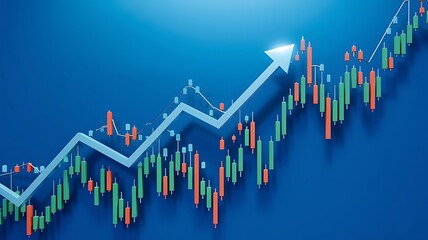 Blue color background stock market image with uptrend line and arrowhead, stock, uptrend line, arrowhead, blue, market