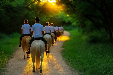 A scenic trail ride with a group of equestrians traversing a wooded path under golden sunlight