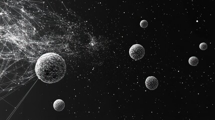 Abstract cosmic scene with interconnected planets and nebula.