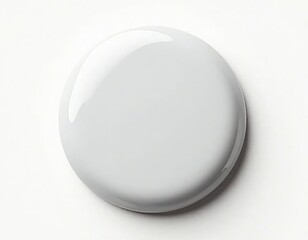 Glossy round white badge. Blank button badge. Simple design. Modern accessory. Blank badge ideal for customization or branding. Versatile. Round pin badge. Easy to attach.
