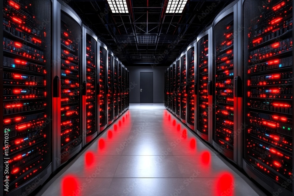 Poster a server room with red lights flashing and warning signs indicating a critical system failure