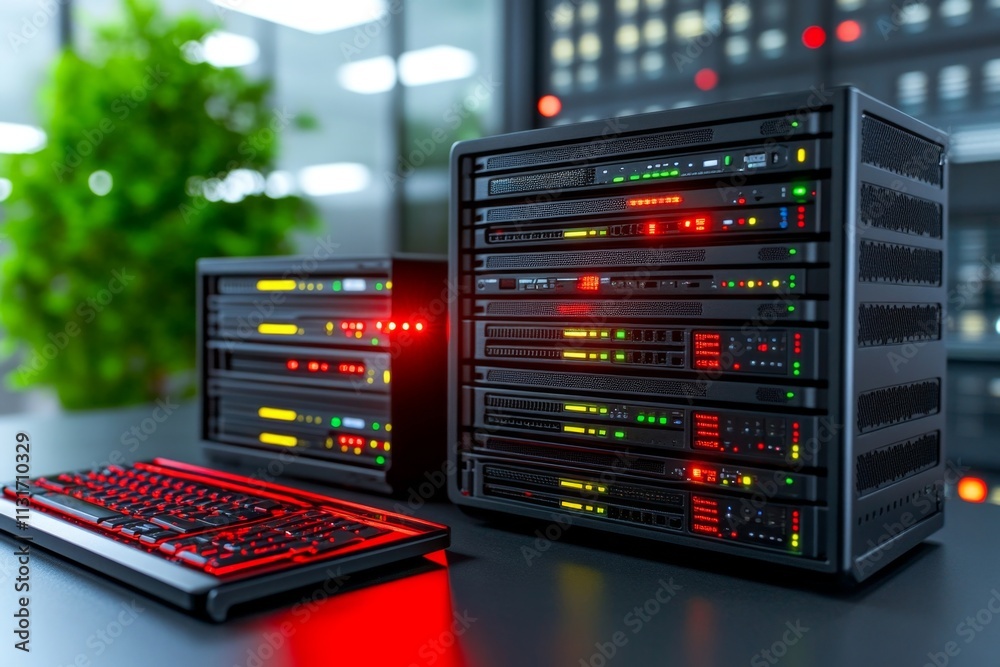 Poster A server room with red lights flashing and warning signs indicating a critical system failure