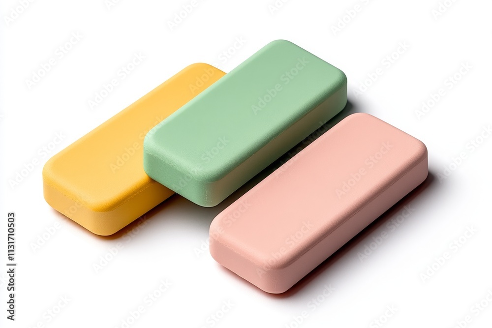 Poster a simple, clean illustration of a rectangular eraser with rounded edges, drawn in soft pastel colors