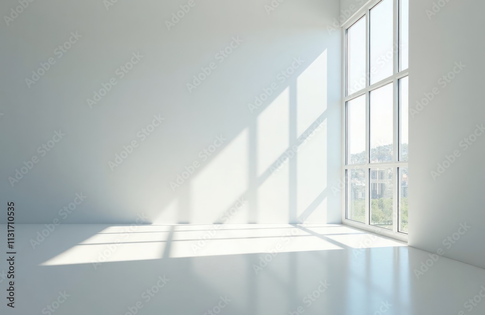 Poster White room with large window. Sunlight streams in casting patterns on floor. Empty space ideal for product display interior design. Modern style architecture interior. Empty room. Daylight. Light.