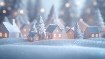Naklejka premium Illuminated paper village in snowy winter scene.
