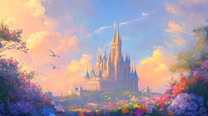 Magical fairytale castle with vibrant flowers and birds, soft pastel colors, idyllic landscape at dawn.