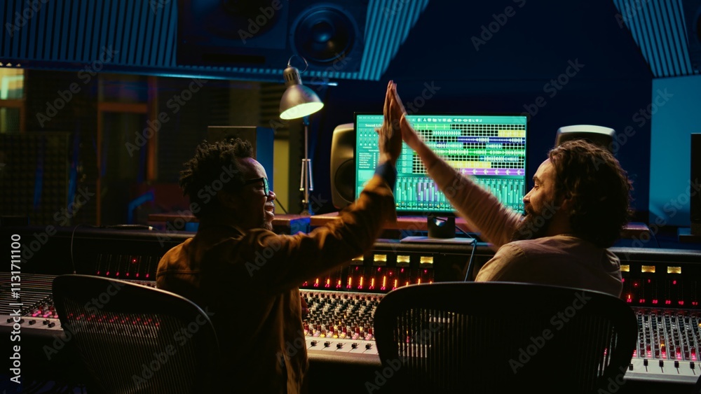 Poster musician and audio engineer sharing high five after creating a beautiful hit song, enjoying success 
