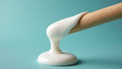 White glue drips from wooden stick. Close-up view of viscous substance flowing down. Sticky substance creates smooth puddle. Abstract texture. Creative material dripping. DIY craft project. Concept