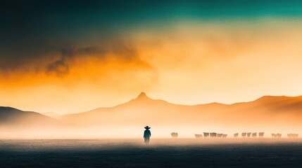 Silhouette of a shepherd tending sheep at sunrise in a dusty landscape.