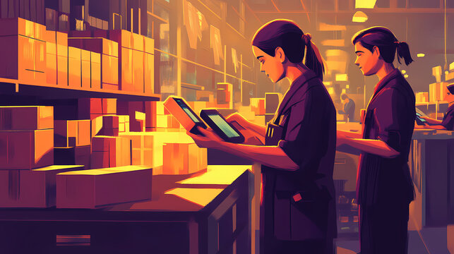 A serene packaging station where workers scan items with glowing handheld devices, warm goldenhour light. Goldenhour. Illustration